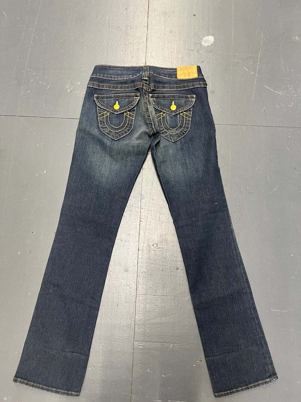 True Religion Women's Dark Wash Flare Jeans with Yellow Stitching, Size 28